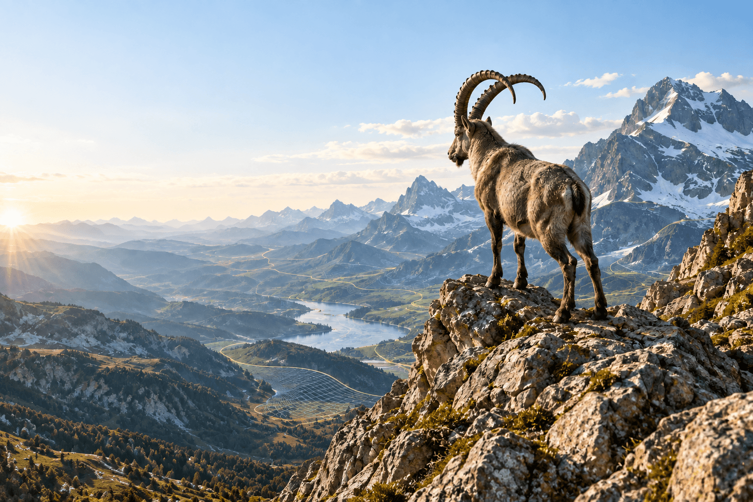 An ibex overlooking a sunlit alpine valley
