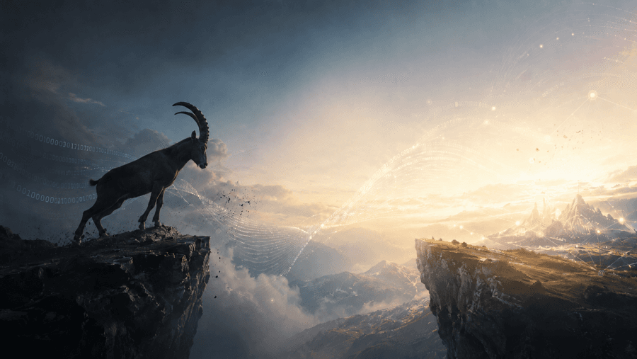 An ibex facing a bright passage between mountain peaks