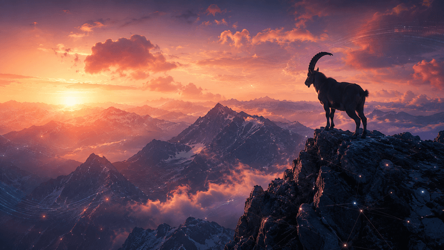 An ibex overlooking a mountain landscape at dusk